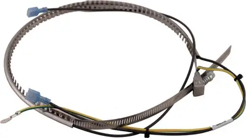 Ölsumpfheizung mit Kabeln und Anschlüssen, geeignet für Verdichter. Produkt von Wolf, erkennbar an der typischen Bauform und den verwendeten Materialien.